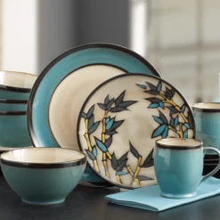 Gourmet Basics® Belmont Round Blue Stalks Dinnerware Set- Dinnerware Service For 8|Dinnerware Service For 4