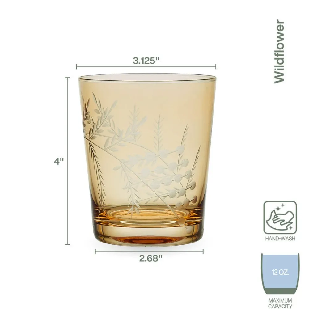 Fitz and Floyd Wildflower Double Old Fashioned Glasses Set of 4, Gold- Drinking Glasses