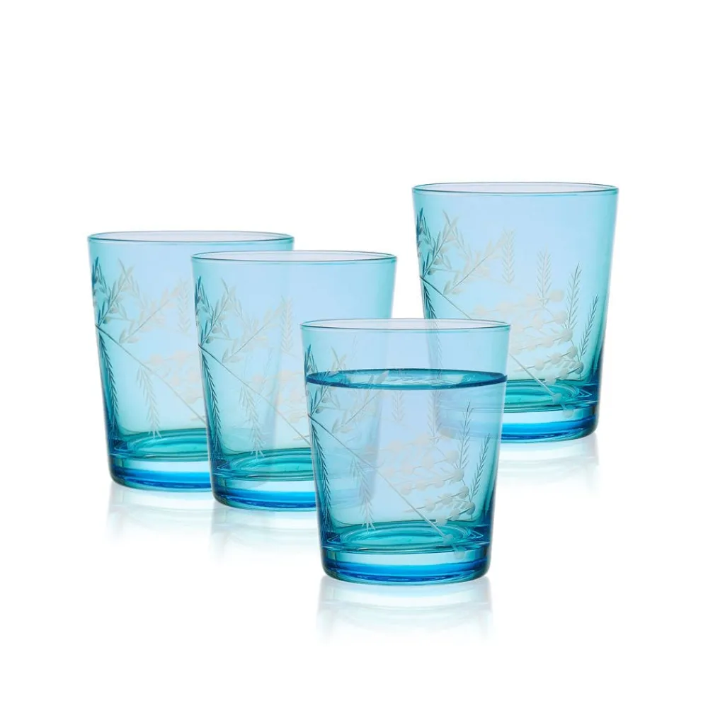 Fitz and Floyd Wildflower Double Old Fashioned Glasses Set of 4, Blue- Drinking Glasses