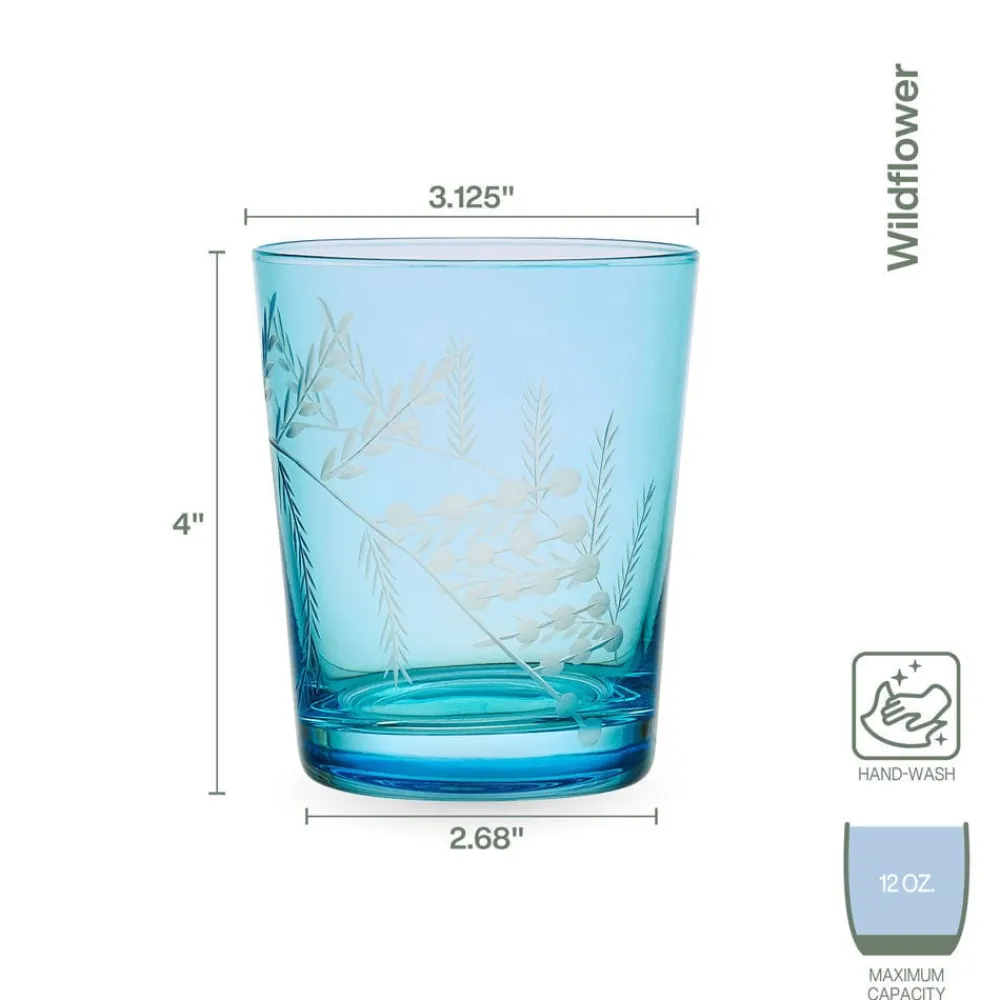 Fitz and Floyd Wildflower Double Old Fashioned Glasses Set of 4, Blue- Drinking Glasses