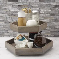 Gourmet Basics® Hexagon 2 Tiered Mango Wood Serve Tray- Fruit And Storage Baskets