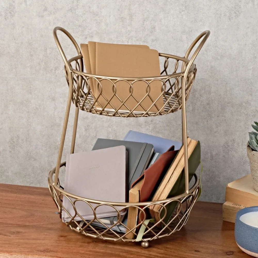 Gourmet Basics® Lattice 2 Tier Matte Gold Countertop Basket- Fruit And Storage Baskets