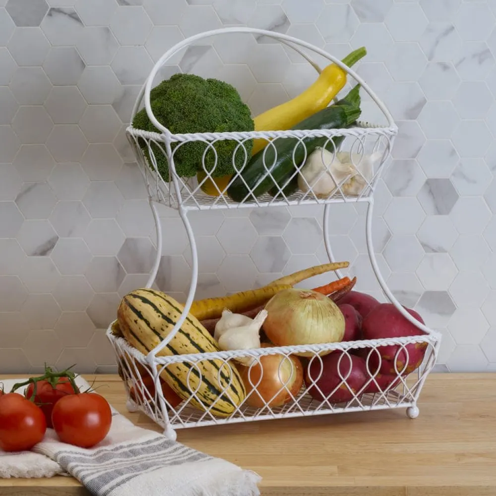 Gourmet Basics® Loop And Lattice 2 Tier White Flatback Storage Basket- Fruit And Storage Baskets