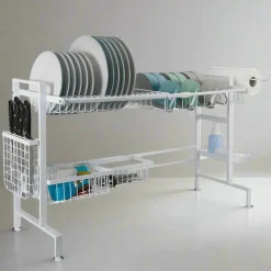Gourmet Basics® Over the Sink 2 Tier Expandable Organizer Dish Drying Rack- Fruit And Storage Baskets