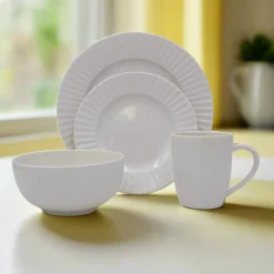 - White Embossed 32 Piece Dinnerware Set, Service for 8- Dinnerware Service For 8