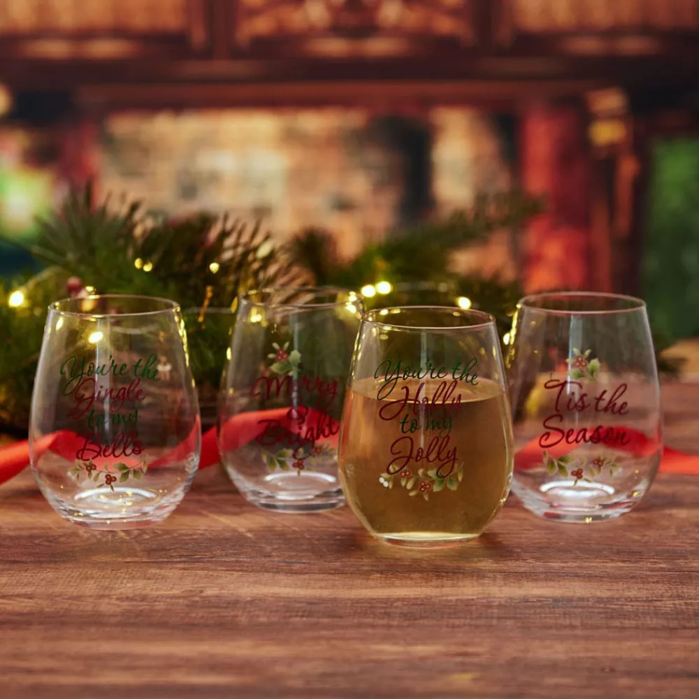 Pfaltzgraff® Winterberry® Set of 4 Sentiment Stemless Wine Glasses- Drinking Glasses